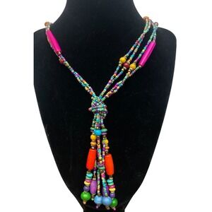Colorful Seed Bead Tassel Necklace Multicolor Beaded Boho Festival Statement 29"
